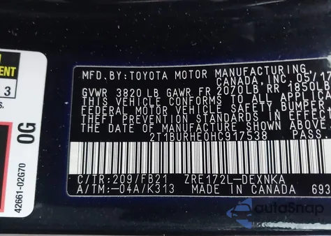 2017 Toyota Corolla Le из США, поврежденный, VIN 2T1BURHE0HC917538